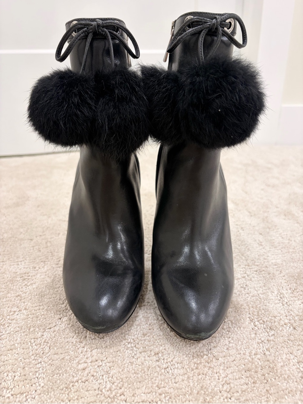 Michael Kors Black Pom-Pom Leather Ankle Boots